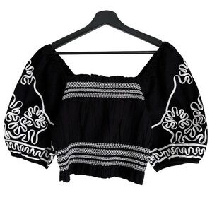 Black Embroidered Puff-Sleeve Crop Top Blouse Shirt Y.A.S. Anthropologie Revolve
